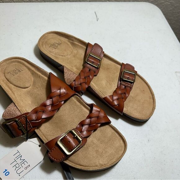 TIME & TRU Womens Brown Braided Leather Footbed Slides Slip On Sandals Size 10M - Picture 4 of 10